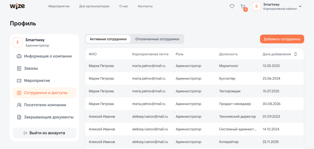 Управление ролями сотрудников в личном кабинете Wize